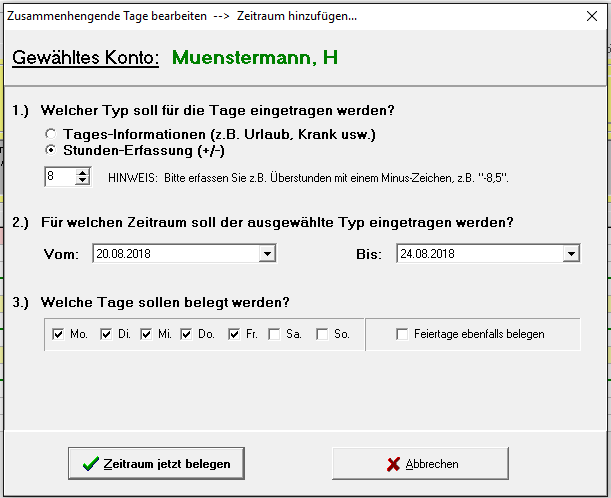 Screenshot: Stunden erfassen über mehrere Tage (Multi)